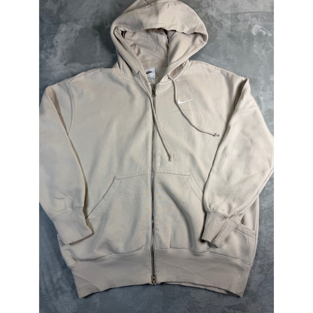 NIKE Small Cream Full Zip Hoodie Embroidered Swoosh Fleece Cotton Blend